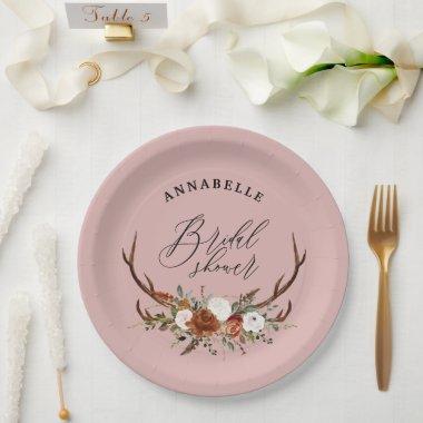 Stag rustic girly pink botanical bridal shower paper plates