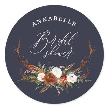 Stag rustic navy blue botanical bridal shower classic round sticker