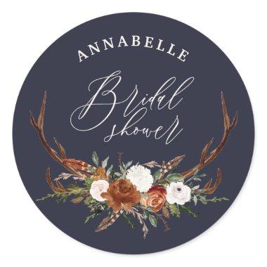 Stag rustic navy blue botanical bridal shower classic round sticker