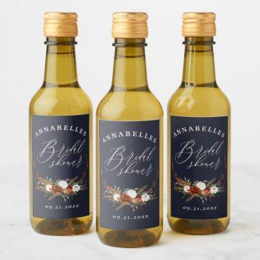 Stag rustic navy blue botanical bridal shower wine label