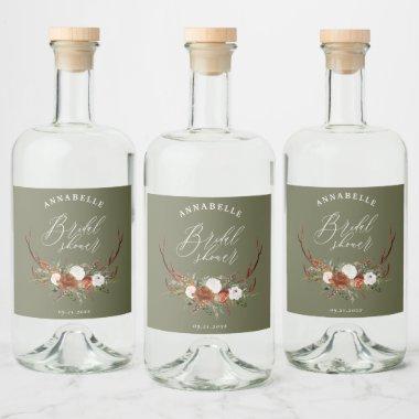 Stag rustic sage green botanical bridal shower liquor bottle label