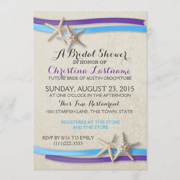 Starfish and Ribbon Purple and Blue Bridal Shower2 Invitations
