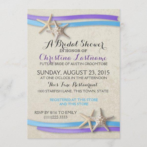 Starfish and Ribbon Purple and Blue Bridal Shower Invitations
