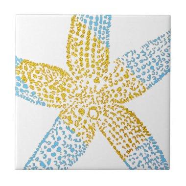 Starfish Beach Glittery Gold Sky Blue Gift Favor Ceramic Tile