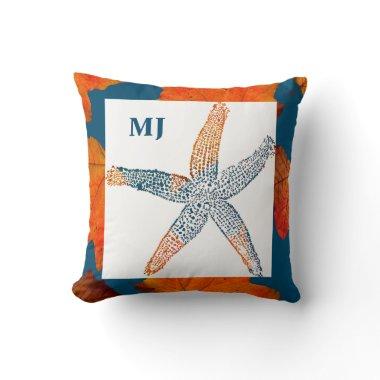 Starfish Blue Orange Fall Leaf Monogram Initials Throw Pillow