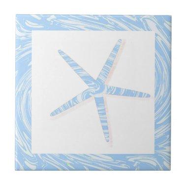 Starfish Coastal Beach Blue White Nautical Decor Ceramic Tile