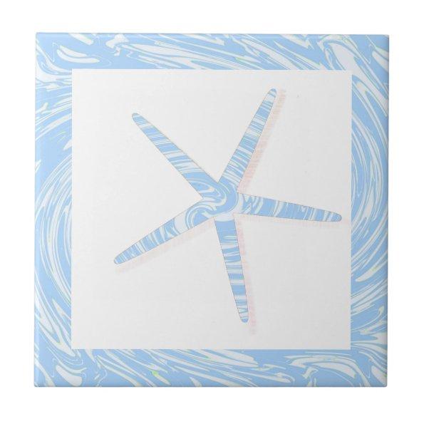 Starfish Coastal Beach Blue White Nautical Decor Ceramic Tile