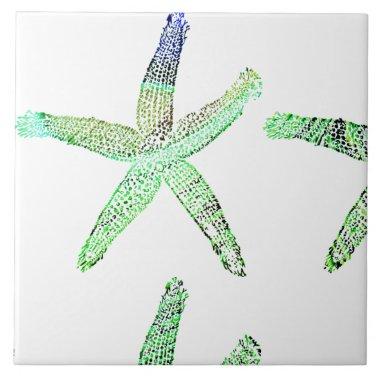 Starfish Coastal Beach Green Blue White Large Ceramic Tile