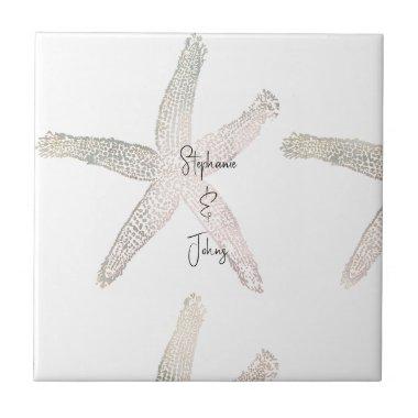 Starfish Coastal Beach Monogram Name Weddings Ceramic Tile