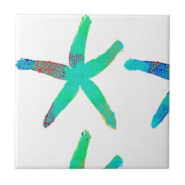 Starfish Coastal Beach Multicolor Teal White Cool Ceramic Tile