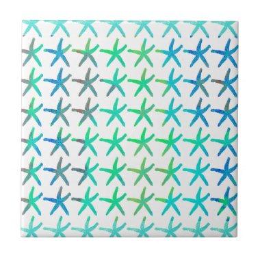 Starfish Coastal Beach Multicolor Teal White Cute Ceramic Tile