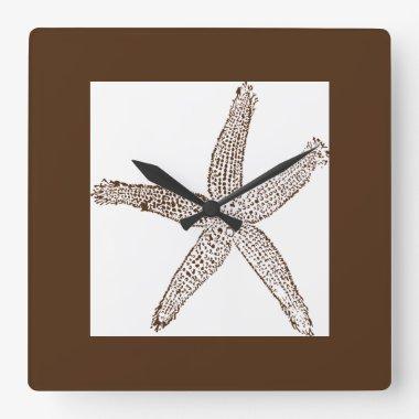 Starfish Coastal Beach Rustic Brown White Trendy Square Wall Clock