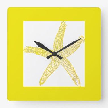Starfish Coastal Beach Theme Yellow White Cool Square Wall Clock