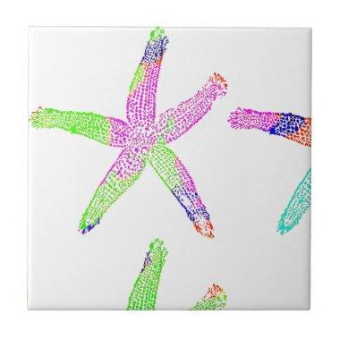 Starfish Coastal Beach White Multicolor Patterns Ceramic Tile