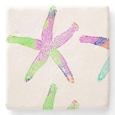 Starfish Coastal Beach White Multicolor Patterns Stone Coaster
