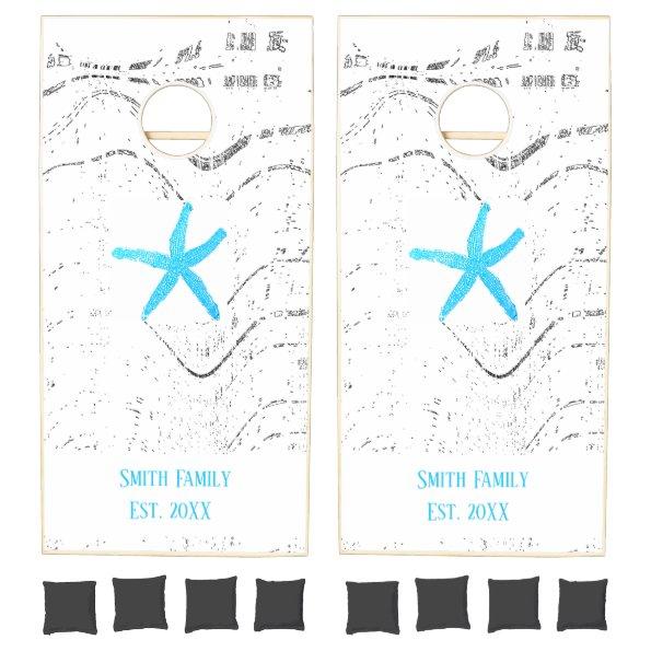 Starfish Family Beach House Blue White Rustic Cornhole Set