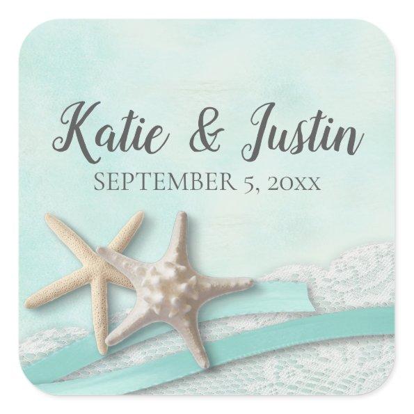 Starfish Lace and Ribbon Romantic Beach Wedding Square Sticker
