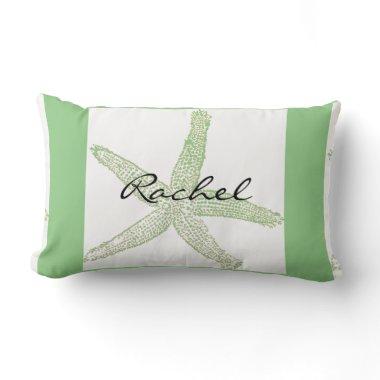 Starfish Name Template Beach Sage Green White Lumbar Pillow