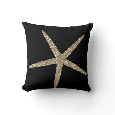 Starfish Nautical Beach Gold Glitter Black Elegant Throw Pillow