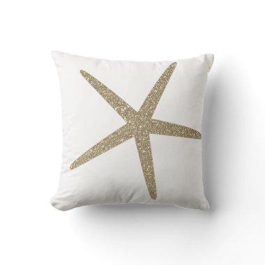 Starfish Nautical Beach Gold Glitter White Elegant Throw Pillow