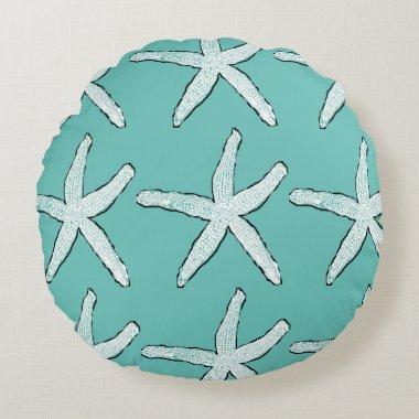 Starfish Pattern Beach Coastal Teal Blue Cute Gift Round Pillow