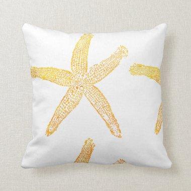 Starfish Pattern Beach Theme Golden Yellow White Throw Pillow