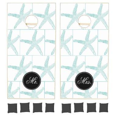 Starfish Pattern Wedding Mr & Mrs Teal Blue Black Cornhole Set