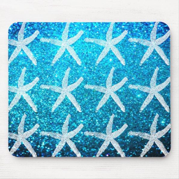 Starfish Patterns Beach Coastal Glittery Blue Cute Mouse Pad