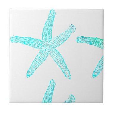 Starfish Patterns Beach Teal Blue White Nautical Ceramic Tile