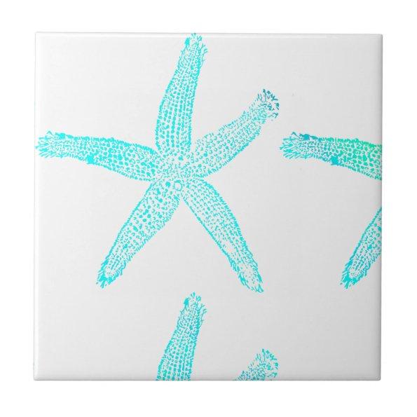 Starfish Patterns Beach Teal Blue White Nautical Ceramic Tile