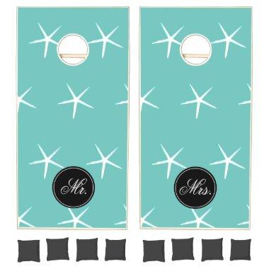 Starfish Patterns Mr & Mrs Teal Blue White Wedding Cornhole Set