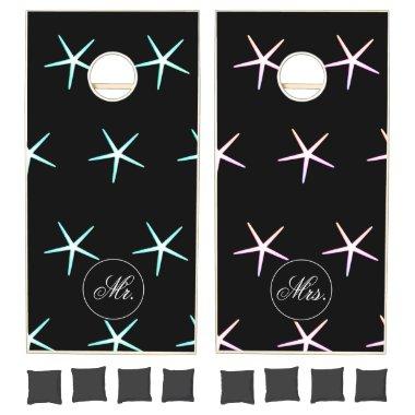 Starfish Patterns Mr & Mrs Teal Pink Black Wedding Cornhole Set