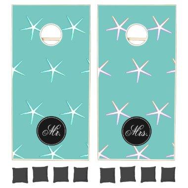Starfish Patterns Mr & Mrs Teal Pink White Wedding Cornhole Set