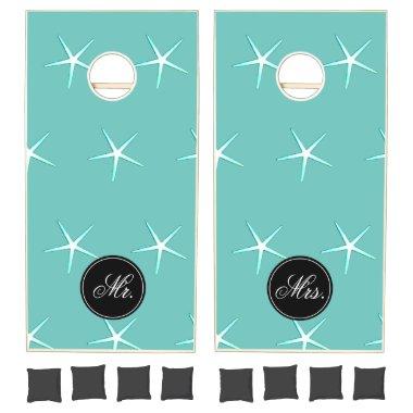 Starfish Patterns Mr & Mrs Teal White Cute Wedding Cornhole Set