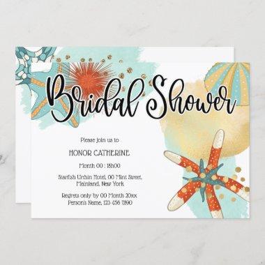 Starfish shell urchin mint gold orange bridal chic Invitations