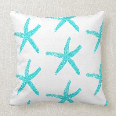 Starfish Teal Blue White Cute Patterns Cotton Throw Pillow