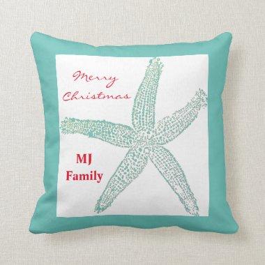 Starfish Teal Monogram Family Initials Christmas Throw Pillow