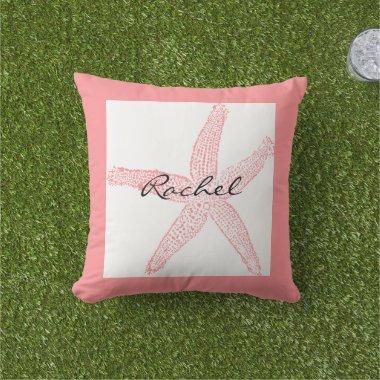 Starfish White Pink Name Template Beach Girly Outdoor Pillow