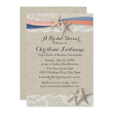 Starfish with Navy and Coral Ribbon Bridal Shower Invitations