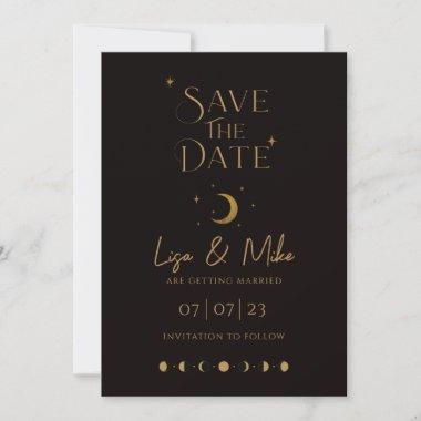 Stars & Moon Celestial Save the Date, Black & Gold Invitations