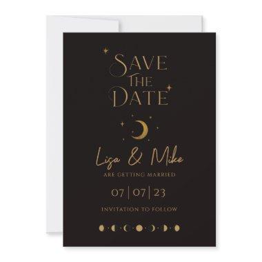 Stars & Moon Celestial Save the Date, Black & Gold