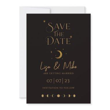 Stars & Moon Celestial Save the Date, Black & Gold Invitations