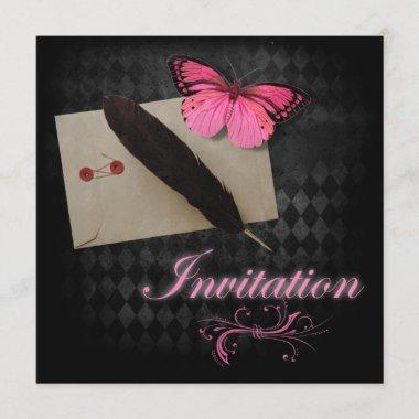 steampunk pink butterfly gothic wedding Invitations