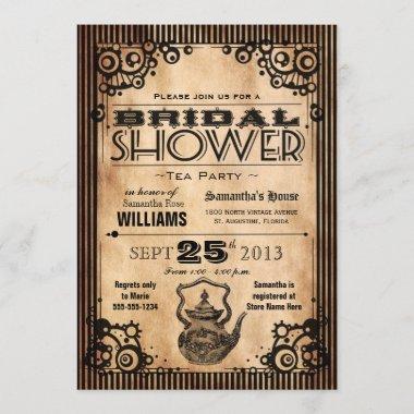 Steampunk Vintage Look Bridal Shower Tea Party Invitations