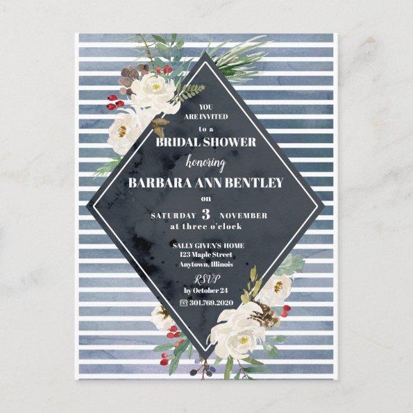 Stormy Stripes and White Watercolor Roses PostInvitations