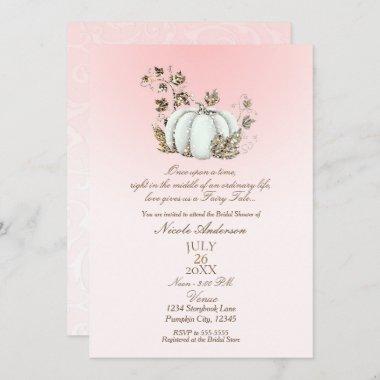 Storybook Pink White Pumpkin Fairy Tale Bridal Invitations