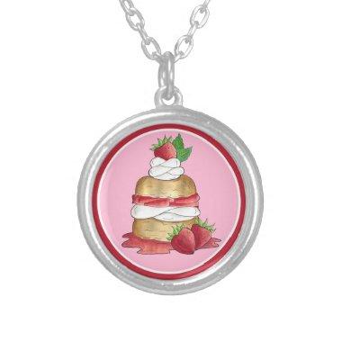 Strawberry Cake Shortcake Bridal Shower Birthday Silver Plated Necklace