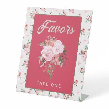 Strawberry Pink & Green Floral Favors Take One Pedestal Sign