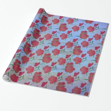 Strawberry Red Peonies on Blue Silk v2 Wrapping Paper