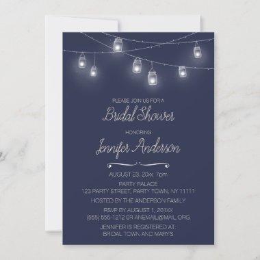 String Light Mason Jar Blue Bridal Shower Invitations